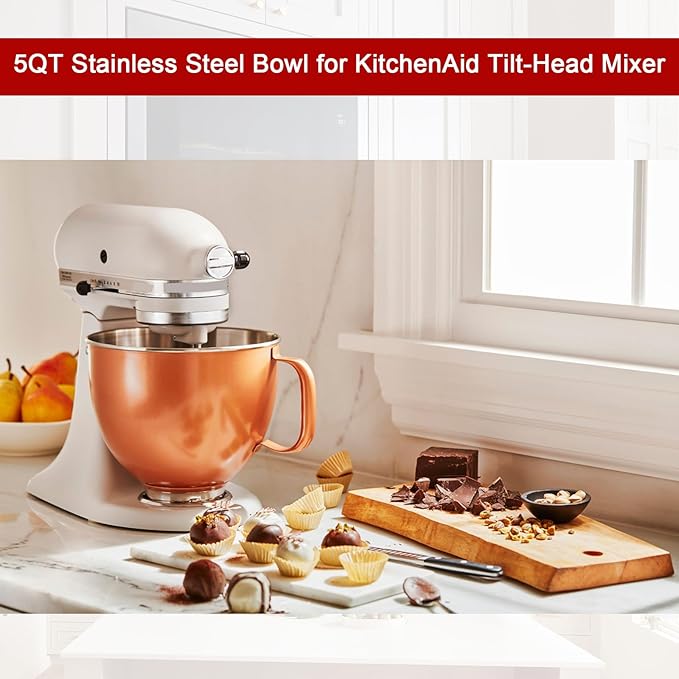 5 QT Stainless Steel Mixer Bowl for KitchenAid Artisan&Classic Series 4.5-5QT Tilt-Head Mixers K45 KSM70 KSM150 etc. Replacment for KitchenAid Mixer Bowl(Heavy Duty Radiant Copper)