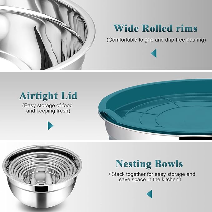 TeamFar Mixing Bowl Set of 7, Stainless Steel Metal Nesting Salad Bowls with Lids, 7, 4.5, 3, 2.5, 1.5, 1.2, 0.7 QT Fit for Mixing, Healthy & Sturdy, Airtight Lid & Easy Clean, Blue