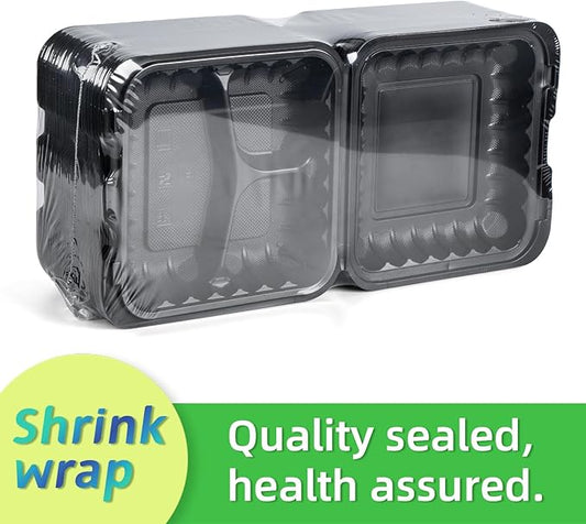 Meal Prep Containers, Reusable 65 Pack Clamshell Food Container 7.8 Inch Black MFPP 3 Compartment To Go Bento Boxes