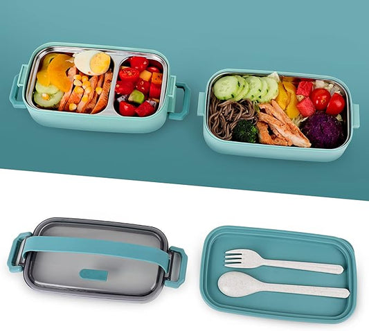 Stainless Steel Bento Box for Adults&Kids,Japanese Leakproof Lunch Box Divided Food Meal Storage Containers Set Stackable 2 Layer for Children School Picnic Matcha Green