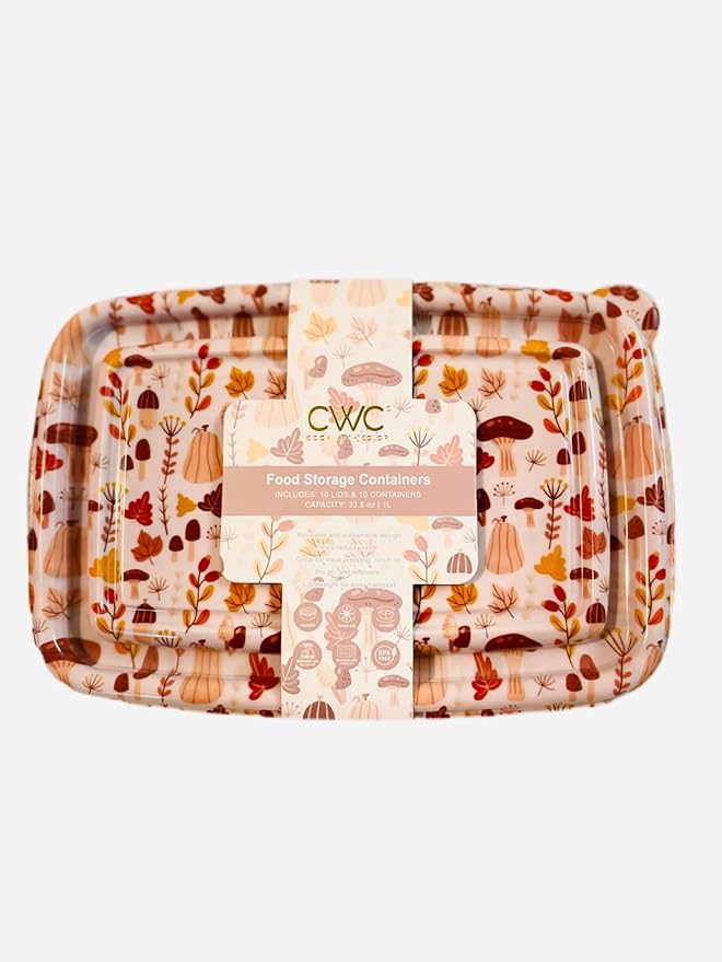 COOK WITH COLOR 20 PIECE PLASTIC RECTANGULAR FOOD CONTAINERS, 10 LIDS & 10 CONTAINERS CAPACITY 33.8 OZ (1L) 9 X 6 X 2 (MUSHROOMS)