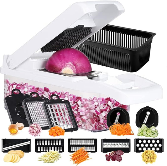 Ourokhome Vegetable Chopper Onion Cutter, 14 in 1 Professional Mandoline Slicer for Kitchen, Multifunctional Food Chopper for Potato, Tomato, Veggie with Strainer Basket, 10 Blades, Black