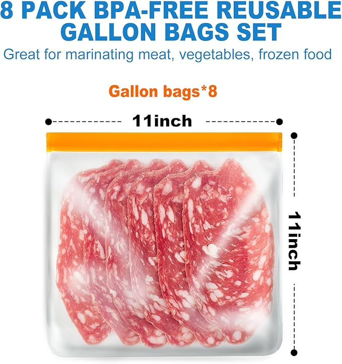 8 Pack Gallon Freezer Bags, Reusable Food Storage Silicone Bags Reusable Food Storage Bags, Large Zip Lock Bags Gallon, Lunch Home Fridge Kitchen Organization and Storage Meal Prep Freezer Containers