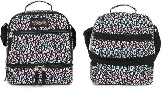 Tilami Lunch Bags Insulated Adjustable Strap Zipper, Two Compartments Cooler Bags, Bento Bags for Kids Toddlers, Colorful Leopard