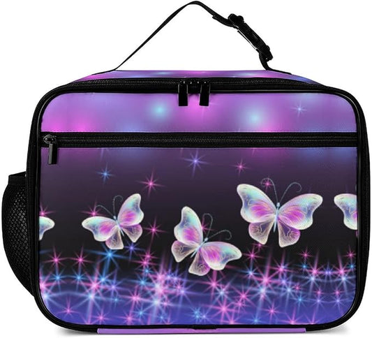 Butterflies and Sparkle Stars Reusable Lunch Box Insulated Lunch Bag Cooler Bag Lunchbox Meal Food Container Tote Bag for Women Kids Girls School Camping Hiking Picnic Beach Travel