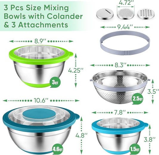 P&P CHEF Mixing Bowls with Lids Set of 3, 3 Pcs Stainless Steel Nesting Salad Bowls and Colander for Kitchen, 3 Grater Attachments & Non-Slip Bottoms, Visible & Airtight Lid, Multicolor