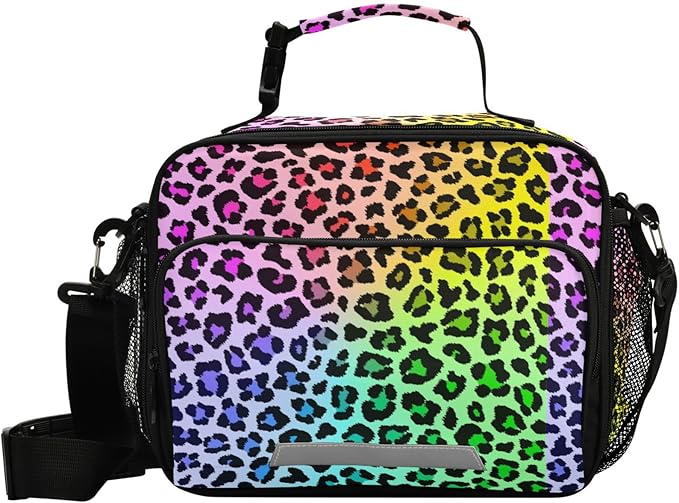 Pfrewn Lunch Box for Kids School Students Multicolor Leopard Rainbow Gradient Insulated Lunch Bag with Shoulder Strap for Office Adults Reusable Cooler Bags Lunch Tote for Girls Boys Teens