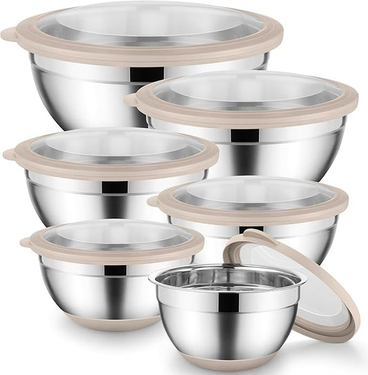 Mixing Bowls with Lids Set of 6 Large Metal Nesting Mixing Bowls Stainless Steel Non-Slip Salad Bowl Khaki – Size 1, 1.5, 2, 2.6, 3.5, 7QT