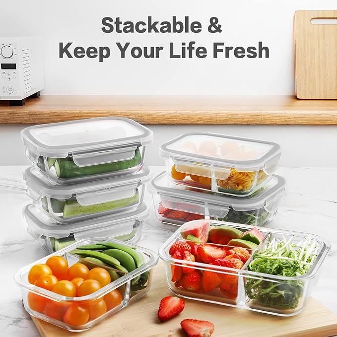 HOMBERKING 9 Pack Glass Meal Prep Containers 3 & 2 & 1 Compartment, Glass Food Storage Containers with Lids, Airtight Glass Lunch Bento Boxes, BPA-Free & Leak Proof (9 lids & 9 Containers) - Grey