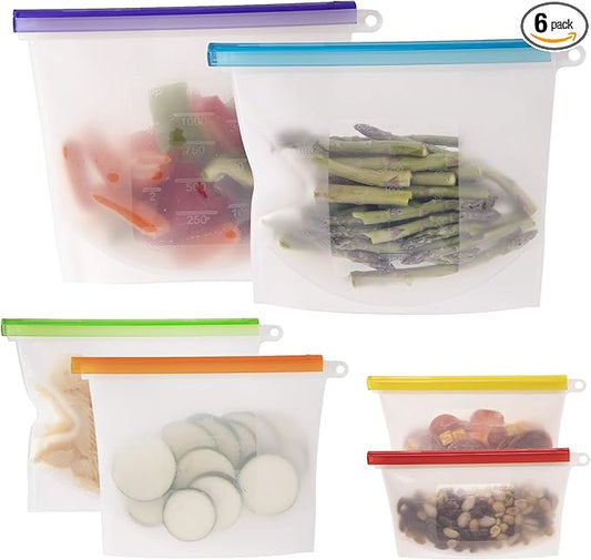 WeeSprout 100% Silicone Reusable Food Storage Bags - Set of 6 Leakproof & Airtight Pouches (Two 6 Cup, Two 4 Cup, and Two 2 Cup), Freezer, Microwave, & Dishwasher Friendly, for Lunches and Snacks