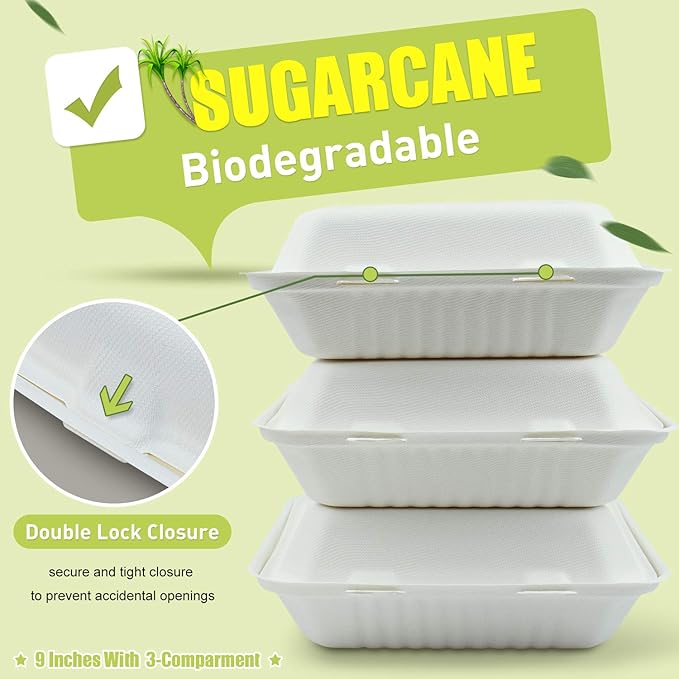 Green Earth 9-inch, 200-Count, 3-Compartment, Compostable Clamshell, Natural Bagasse (Sugarcane Fiber), Take-Out/to-Go Food Boxes - Biodegradable Containers, Hinged Lid Microwave-Safe Gluten-Free