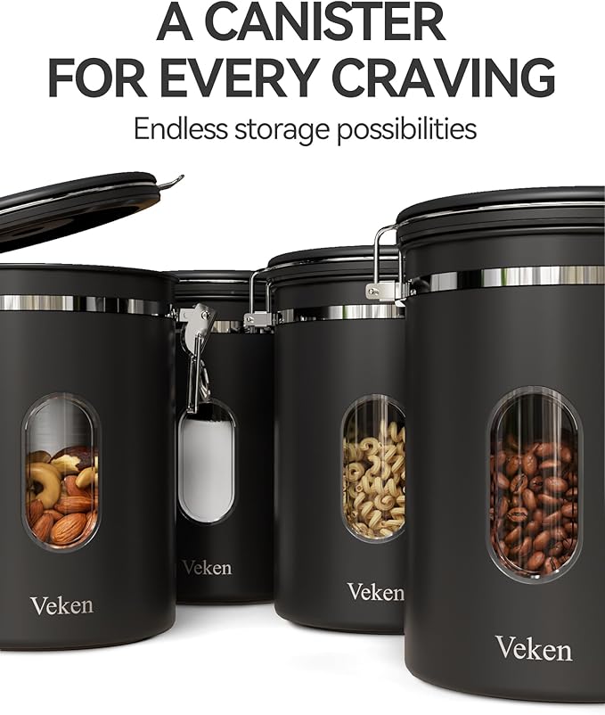 Veken 38oz Large Coffee Canister with Window, Airtight Stainless Steel, Kitchen Food Storage Container with Lids, Date Tracker and Scoop, Grounds Coffee Beans, Tea, Flour, Cereal, Sugar Jars, Black