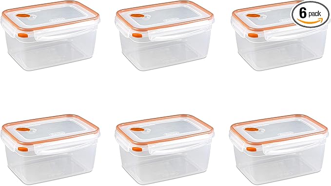 Sterilite Ultra-Seal 12 Cup Rectangle, Airtight Food Storage Container, Latching Lid, Microwave and Dishwasher Safe, Clear With Orange Gasket, 6-Pack