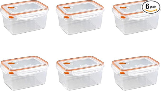 Sterilite Ultra-Seal 12 Cup Rectangle, Airtight Food Storage Container, Latching Lid, Microwave and Dishwasher Safe, Clear With Orange Gasket, 6-Pack