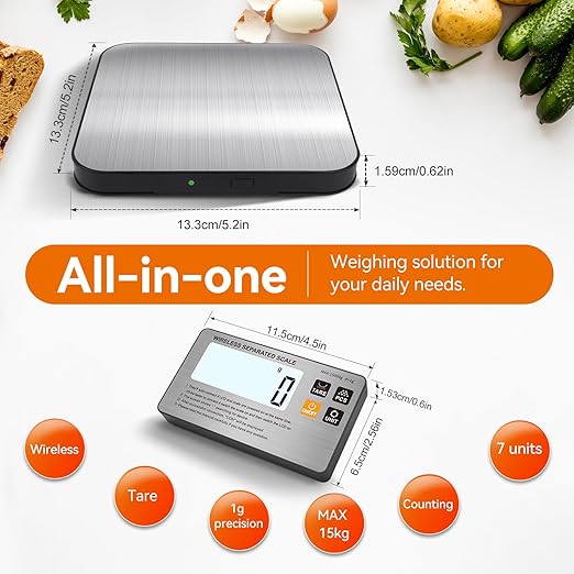 Wireless Separated Food Scale, 33 lb Digital Kitchen Split Scales Weight Grams and Ounces for Baking Cooking and Meal Prep, LCD Display, 7 Units with Tare Function (Batteries Included)