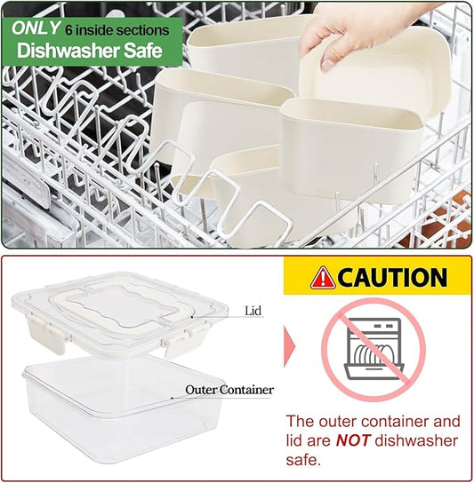 Divided Serving Tray with Lid and Handle, Portable Snack Box Container, 6 Compartments Veggie Fruit Snackle Tray, Small Charcuterie Platter Box Container for Party, Travel, Entertaining,Picnic