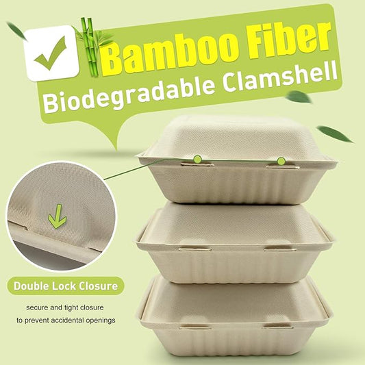 Green Earth, 8-inch, 50-Count, 3-Compartment, Compostable Clamshell, BAM ware (Bamboo Fiber), Take-Out/to-Go Food Boxes - Biodegradable Containers, Hinged Lid Microwave-Safe Gluten-Free