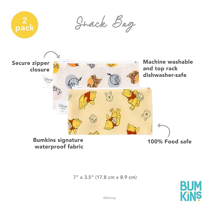 Bumkins Disney Reusable Snack Bags, for Kids School Lunch and for Adults Portion, Washable Fabric, Waterproof Cloth Zip Bag, Supplies Travel Pouch, Food-Safe Storage, 2-pk Winnie the Pooh