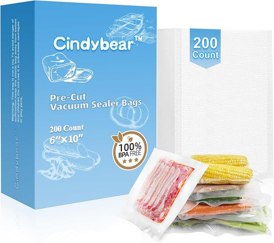 Vacuum Sealer Bags for Food, 200 Pint 6" x 10" Food Saver Bags, BPA Free, Seal a Meal, Heavy Duty, Pre-cut Commercial Grade Vac Bags for Food Storage, Meal Prep or Sous Vide