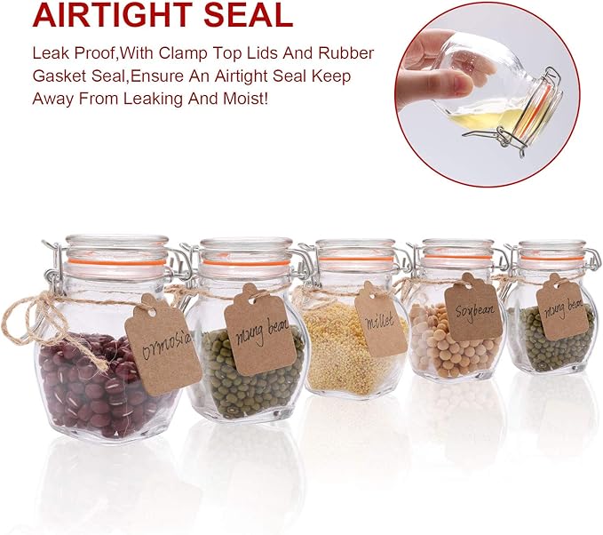 Encheng Mini Spice Jars, Glass Jars With Airtight Lids 4 oz And Leak Proof Rubber Gasket,Small Mason Jars With Hinged Lids For Kitchen,Small Storage Containers With Twine n Tags Labeling 30 Pack