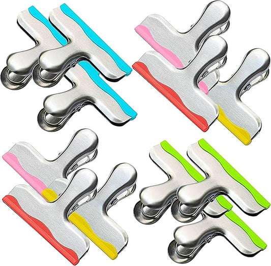 12 Pack Metal Chip Clips with Silicone Edges – Heavy Duty Bag Clips for Food Packages, Kitchen, Office – Color Coded, Air Tight Extra Strong Clamps, 3 Inches Wide (12)