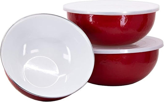 Golden Rabbit Enamelware - Set of 3 - Mixing Bowls (Solid Red)