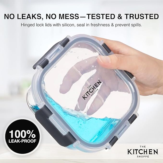 KITCHEN SHOPPE 24-Piece Borosilicate Glass Food Storage Containers | BPA-Free, Airtight, Reusable, Stackable Set for Meal Prep, Leftovers, or Lunch | Freezer, Oven, Microwave & Dishwasher Safe