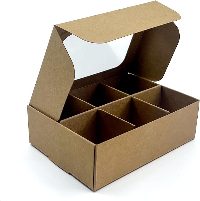 Treat boxes with window and dividers | 6 X-SMALL compartments | 5 x 3.5 x 1.57 in | Empty candy boxes for gift giving, truffle box - perfect for Valentine's Day | 20-pack (Kraft)