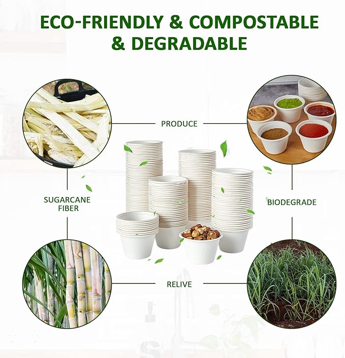 Vplus 800 Pack 4 OZ Disposable Souffle Cups, 100% Compostable Portion Cups, Made From Bagasse Fibe and Bamboo, Perfect For Dips, Food Sample, Jams, Honey, Sauces, Nuts