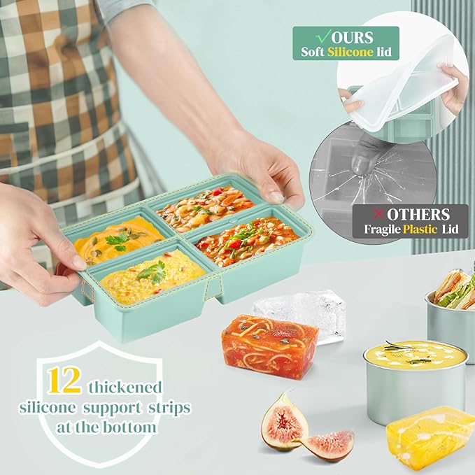 2 PACK Silicone Freezer Trays With Lid, 1 Cup Silicone Freezer Molds, Silicone Soup Freezer Molds For Freeze & Store Soup, Broth, Leftovers, Microwave-safe Soup Freezer Container - Green