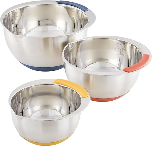 Ayesha Curry Kitchenware Pantryware Stainless Steel Nesting Mixing Bowls, 3-Piece Set, Silver with Color Accent Handles