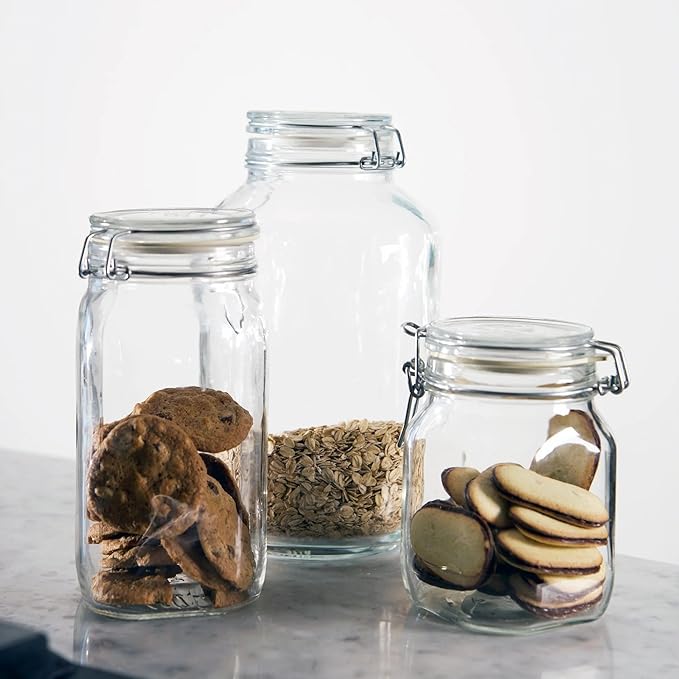 Bormioli Rocco Fido Wide Mouth Squared Glass Jar with Airtight Gasket Clamp Lid for Canning and Food Storage, Clear Top, 50.75 oz.