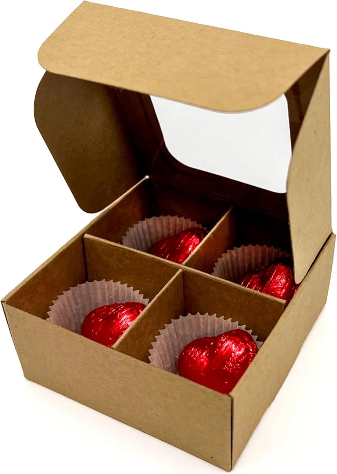GRETEL BAKING Treat boxes with window and dividers | 4 X-SMALL compartments | 3.5 x 3.5 x 1.57 in | Empty candy boxes for gift giving, truffle box - perfect for Valentine's Day | 20-pack (Kraft)
