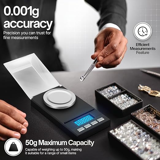 Flexzion Digital Milligram Scale Kit - 50g/0.001g, High Precision Micro Scale, Jewelry Scale, Powder Scale, Reloading Scale, Mg Scale for Weighing Powders & Medicine, Includes 50g Calibration Weight