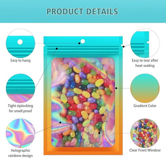 100 Pieces Resealable Mylar Bags, Smell Proof Bags with Clear Window for Food Storage Party Favor Packaging Small Business (Green&Orange, 4.7×7.1 Inch)