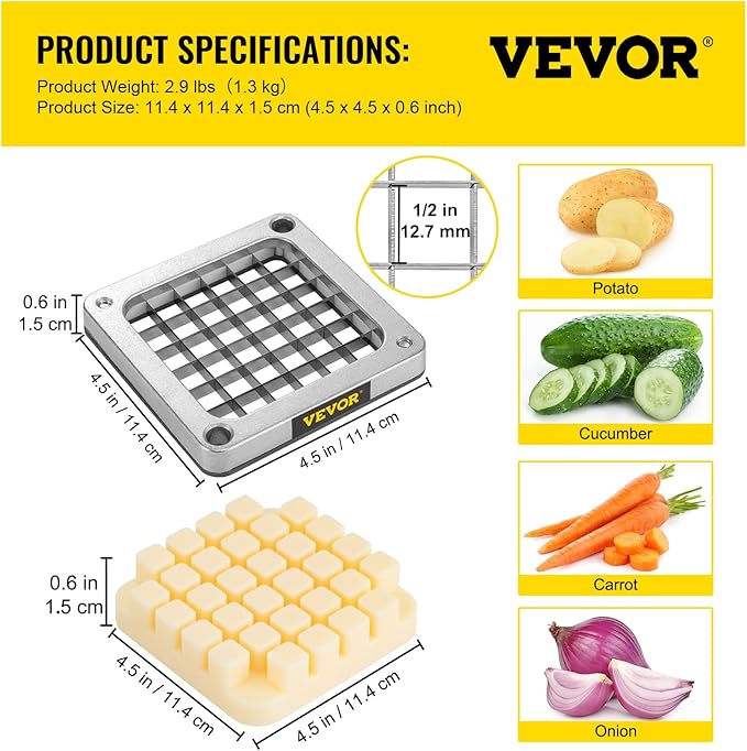 VEVOR Replacement Chopper Blade, 1/2 inch, 3 PCS French Fry Blade Assembly with 6 Extra Knives, Stainless Steel Dicer Parts and Push Block for Cutting Potatoes Carrots Onions Cucumbers Mushrooms