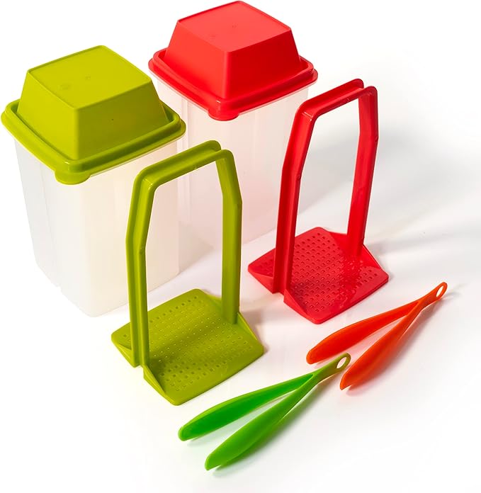 Pickle Jar with Strainer Insert - Set of 2 - Plastic Leak Proof Food Saver Container - For Fresh Fruit or Pickled Vegetables - Complete with Tongs