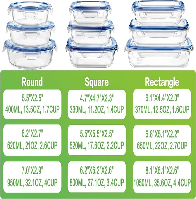 HOMBERKING Glass Food Storage Containers with Lids, [18 Piece] Glass Meal Prep Containers, Airtight Glass Lunch Bento Boxes, BPA-Free & Leak Proof (9 lids & 9 Containers) - Deep Blue