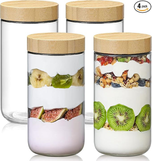 NETANY 4-pack 24oz Glass jars with Airtight Lids, Overnight Oats Containers with Bamboo Lids, Wide mouth Mason Salad jars, Glass Food Storage Containers for Snacks Yogurt Spice Sugar