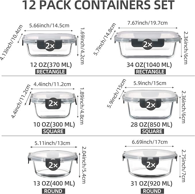 C CREST Food Storage Glass Containers Set of 12 with Locking Lids, Multi-Size, Airtight Seal for Freshness, Perfect for Meal Prep and Storage