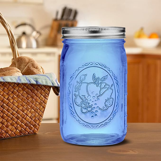 eleganttime Blue Wide Mouth Mason Jars 32 oz,6 Pack Colored Quart Glass Canning Jars with Airtight Lids for Canning,Pickling,Storage,DIY Crafts & Décor