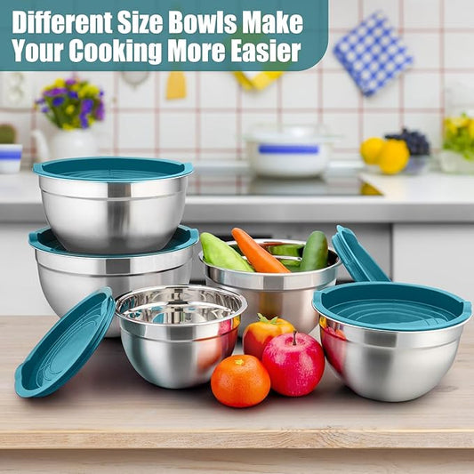 P&P CHEF Mixing Bowl with Lid Set of 5, 10-Piece Stainless Steel Nesting Salad Bowl Set for Prepping, Mixing and Serving, Size 4.6, 3, 1.5, 1, 0.7 QT, Rimmed Edges & Flat Base, Blue