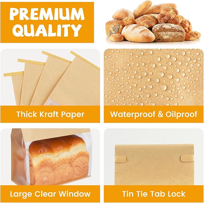 100 Pack Bread Bags for Homemade Sourdough Bread, 8.7x4.3x11 Inches Tin Tie Tab Lock Large Bakery Bag with Window Kraft Paper Packaging Bags for Gifting & Bake Sale