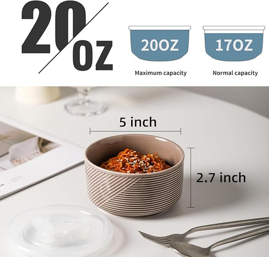 Ceramic Bowls with Lids: 20 oz Microwave Safe Food Storage Containers for Soup, Salad, Cereal, Leftovers, Meal Prep, Lunch, Picnic, Camping, Serving - Airtight, Grey, Set of 4