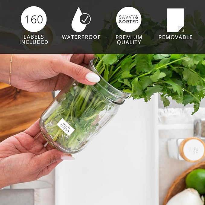 SAVVY & SORTED Expiration Date Pantry Labels, 160 Waterproof Food Expiration Date Labels for Containers, Kitchen Labels for Food Freshness, Use by Meal Prep Labels, Best By Write On Labels