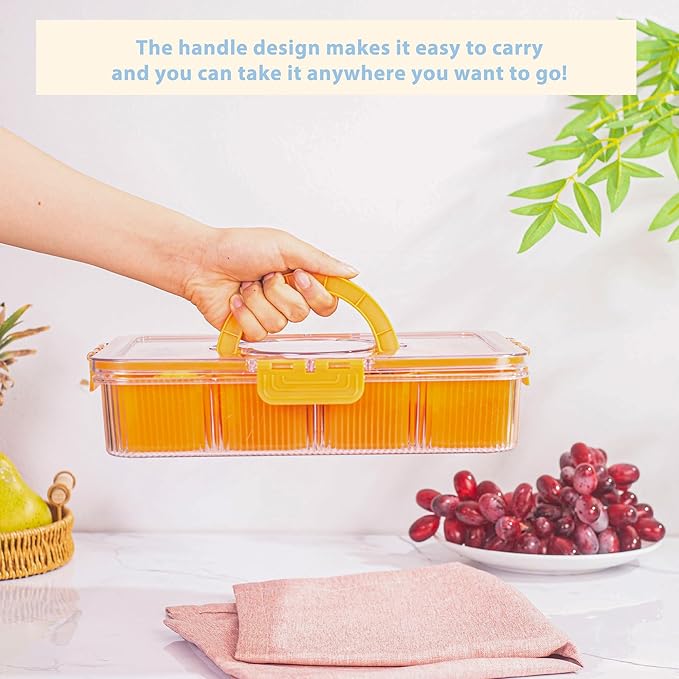 Patent Design Ribbed Snackle Box Container Divided Serving Tray with Lid and Handle -Charcuterie Container Portable Storage Organizer for Candy, Fruit, Beach, Picnics（1 pcs, Pink