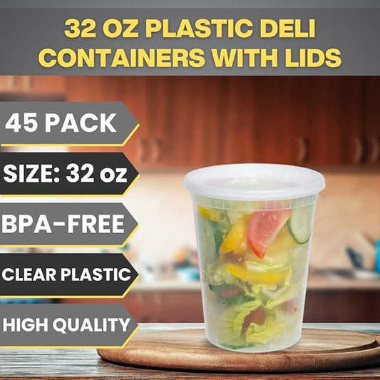 Smygoods 32oz Plastic Deli Containers with Lids - 45 Pack, BPA Free, Leakproof, Stackable, Microwave and Freezer Safe, Clear, Food Storage Containers for Meal Prep, Lunches, Snacks