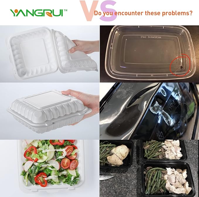 YANGRUI To Go Containers, Reusable 100 Pack Large Capacity 9 Inch 41 OZ Shrink Wrap MFPP Meal Prep Container BPA Free Microwave Freezer Safe Plastic Clamshell Food Plates