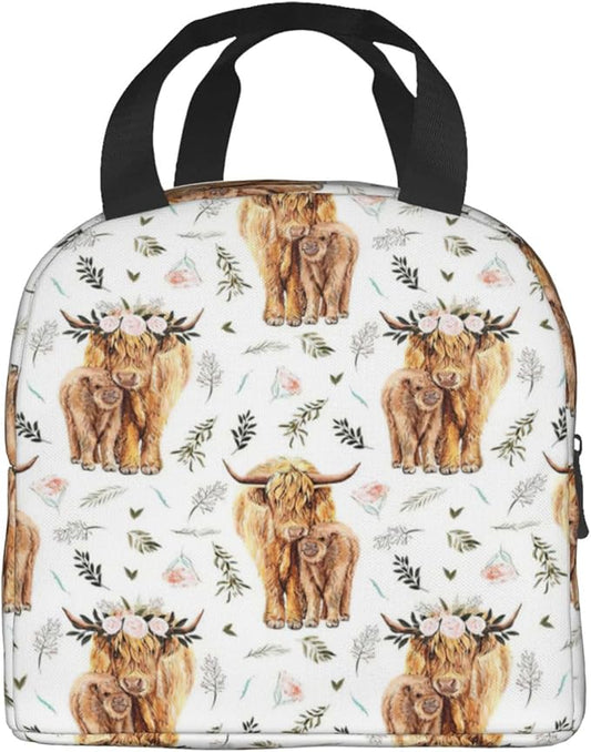 Highland Cow Lunch Box Farmhouse Cow Insulated Lunch Bag for Kids Women Men Reusable Cooler Rustic Country Lunch Tote Bag with Front Pocket for Girls Boys Students School Office Picnic Travel