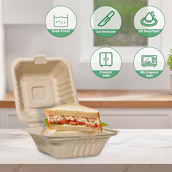 Aricsen Compostable 100 Pack 6x6 Inch Disposable Square Small Lunch Box Takeout Containers with Lid To Go Take Out Clamshell for Food, Eco-Friendly Biodegradable Bagasse, PFAS-Free, Unbleached Brown